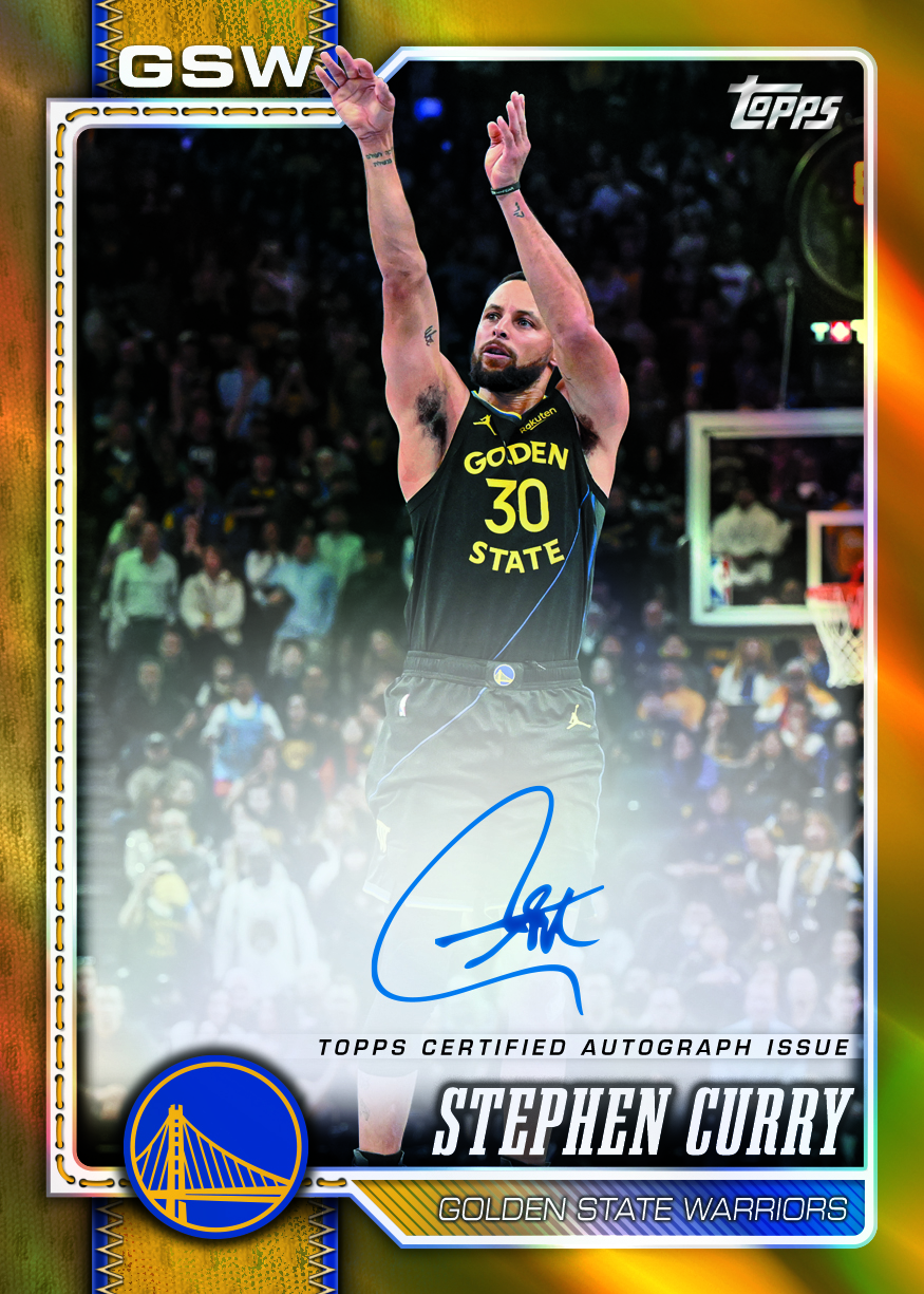 Stephen Curry Gold Rainbow autograph preview with blue ink below his shooting follow-through.