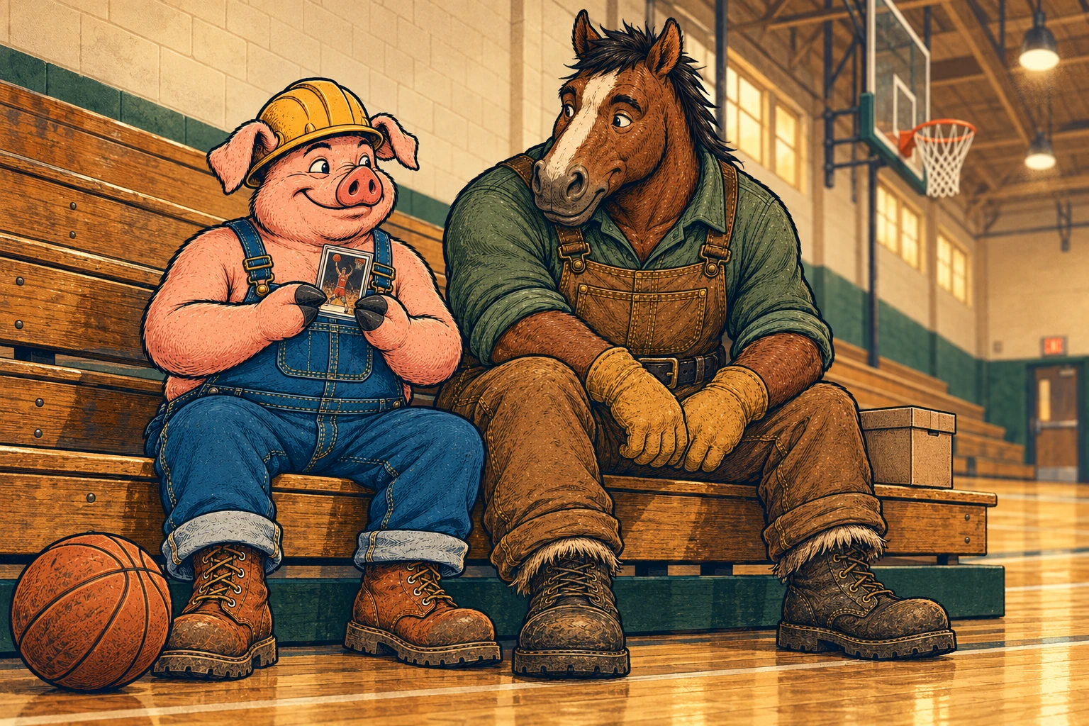 Hammy and Clyde compare a sleeved basketball card while seated on wooden gym bleachers.