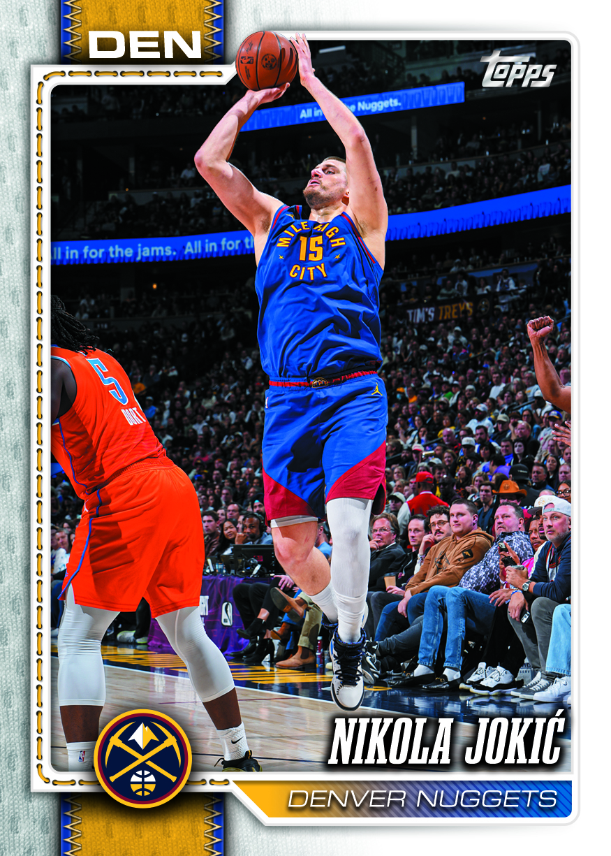 Nikola Jokić shooting in a blue Denver uniform within the white stitched Flagship frame.
