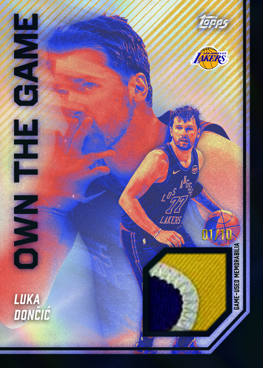 Luka Dončić Own the Game preview marked 01/10, with a purple, white and yellow patch window.