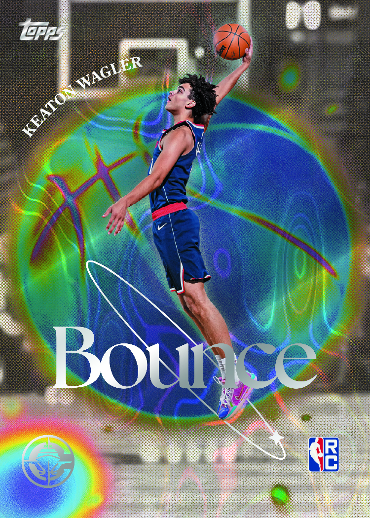 Keaton Wagler Bounce rookie preview with an airborne pose and oversized basketball background.