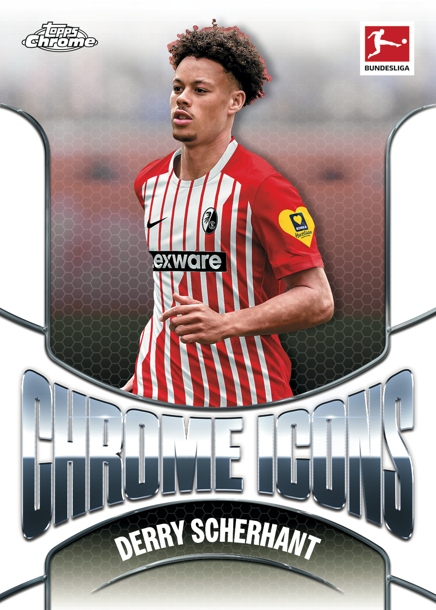 Derry Scherhant’s Chrome Icons promotional preview, with large silver lettering, a honeycomb background and Freiburg’s red-and-white shirt.