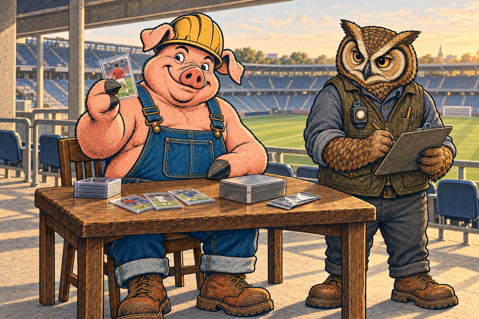 Hammy admires a protected soccer card while Lemmy checks a clipboard beside a collecting tin and card packets in a stadium concourse.