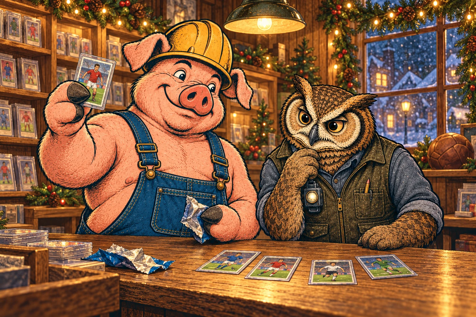 Hammy holding a football card while Lemmy studies the cards on their shop counter beneath festive garland.