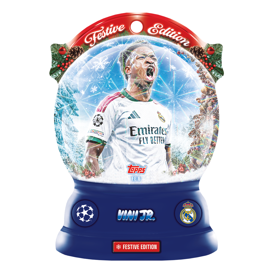 Vini Jr. Festive Edition FE 6 in the official calendar preview, with a snow-globe silhouette and Real Madrid badge.