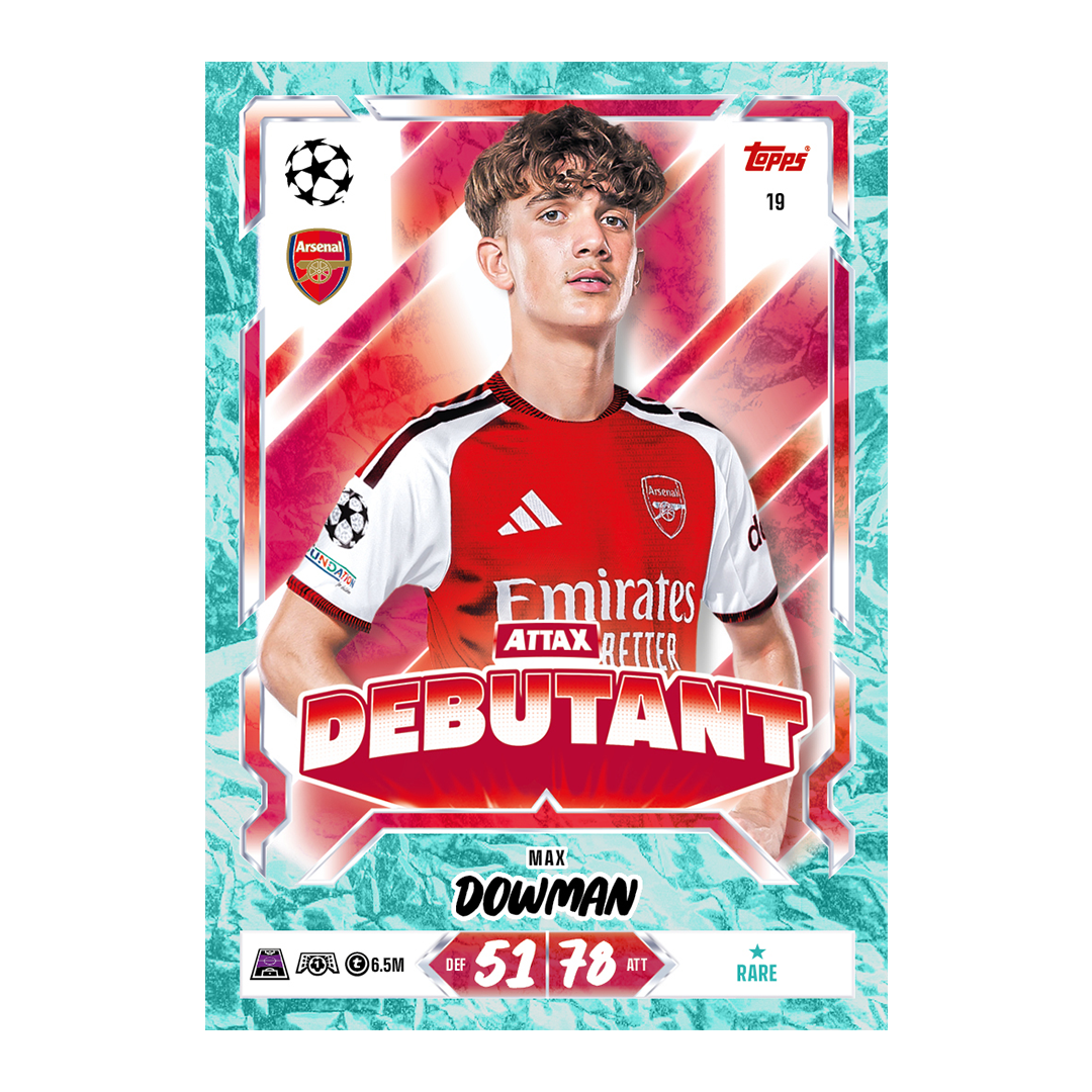 Max Dowman Attax Debutant number 19, with turquoise border and one-star Rare designation.