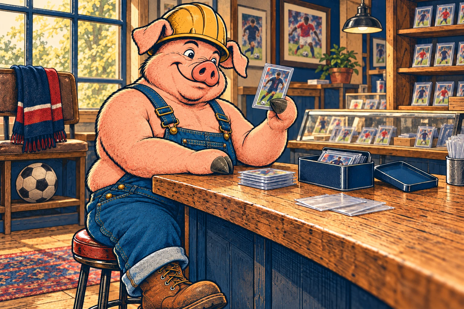 Hammy enjoys a soccer-card tin opening at the shop counter, with a round football on the shelf nearby.