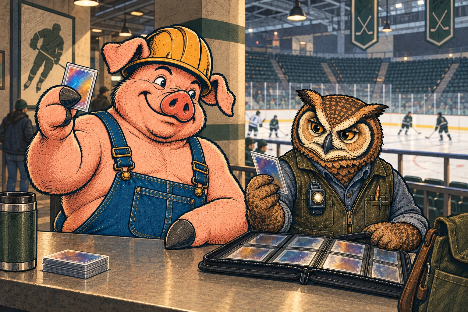 Hammy and Lemmy compare hockey cards in an arena concourse.