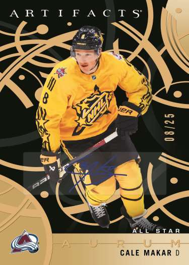 Cale Makar in a yellow All-Star sweater against black-and-gold Aurum ornamentation.