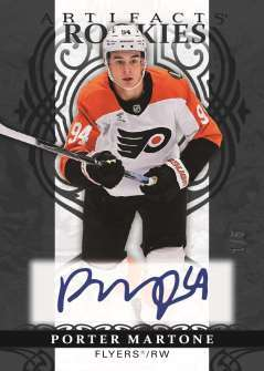 Porter Martone in a Flyers uniform on a black-and-silver Artifacts Rookies autograph preview.