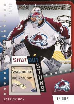 Patrick Roy’s 2026–27 Artifacts Shutout Stubs preview includes a ticket fragment and the date March 4, 2002.