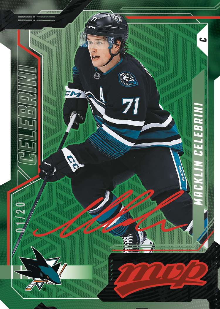 Macklin Celebrini Colors & Contours Green preview with a green patterned background, red graphic and 01/20 numbering.