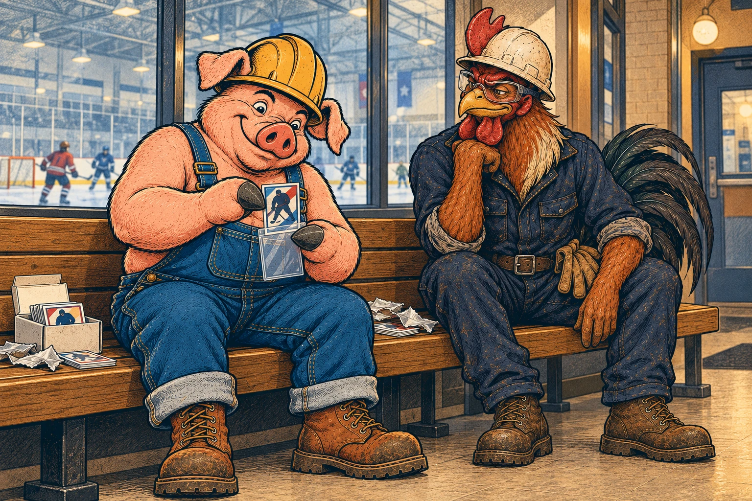 Hammy sleeves a hockey card while Riggs watches from a wooden bench in the lobby of a community rink.