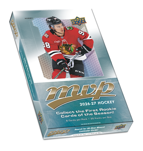 The 2026–27 MVP Hobby box with Connor Bedard on its teal cover and the 20-pack, eight-card configuration.