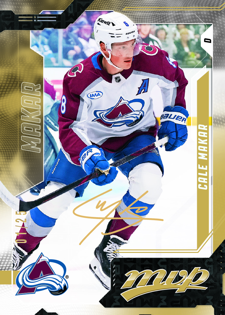 Cale Makar Super Script preview with gold accents, signature-style graphic and 01/25 numbering.