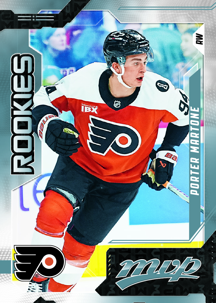 Porter Martone's MVP rookie preview in an orange Flyers uniform, framed by silver and teal panels.