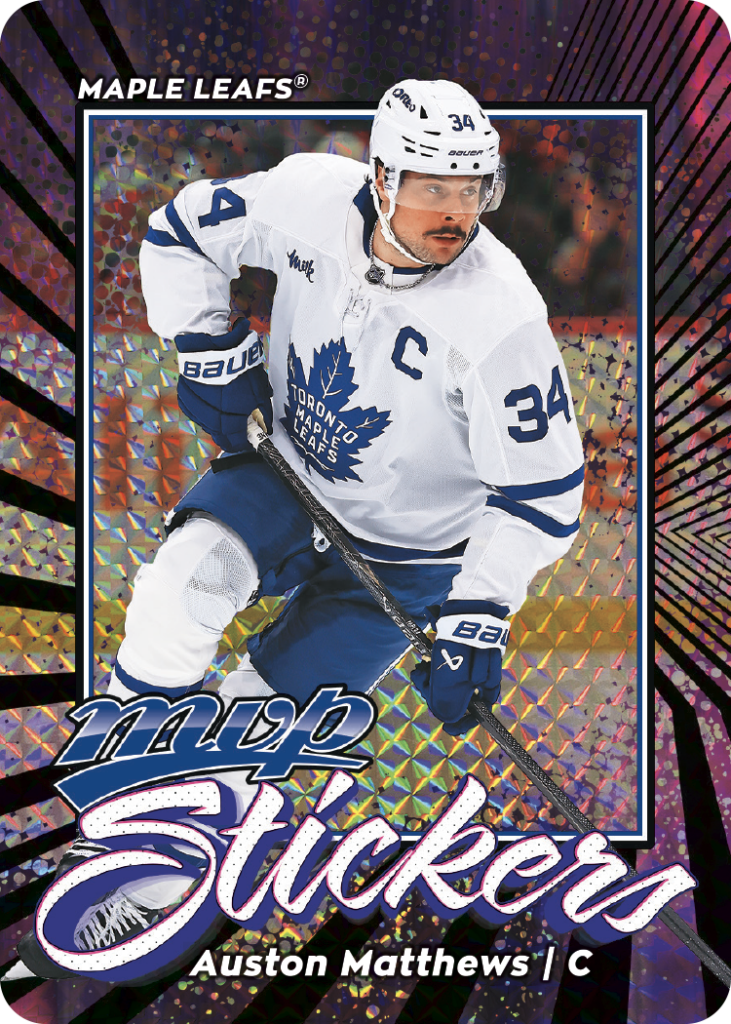 Auston Matthews MVP Stickers preview with a multicolored geometric background and large script lettering.