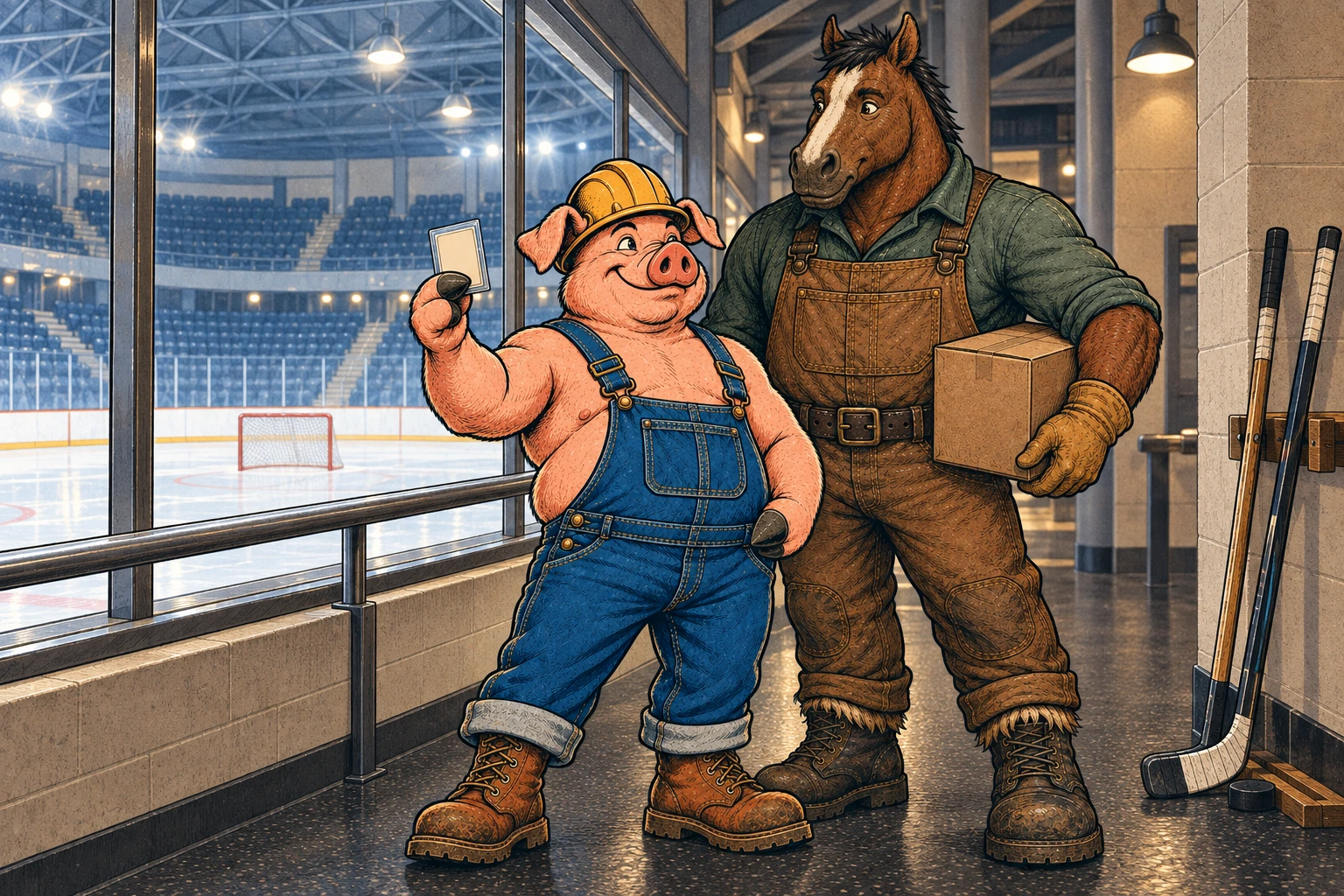 Hammy presents a card beside Clyde carrying a case in an ice-rink concourse.