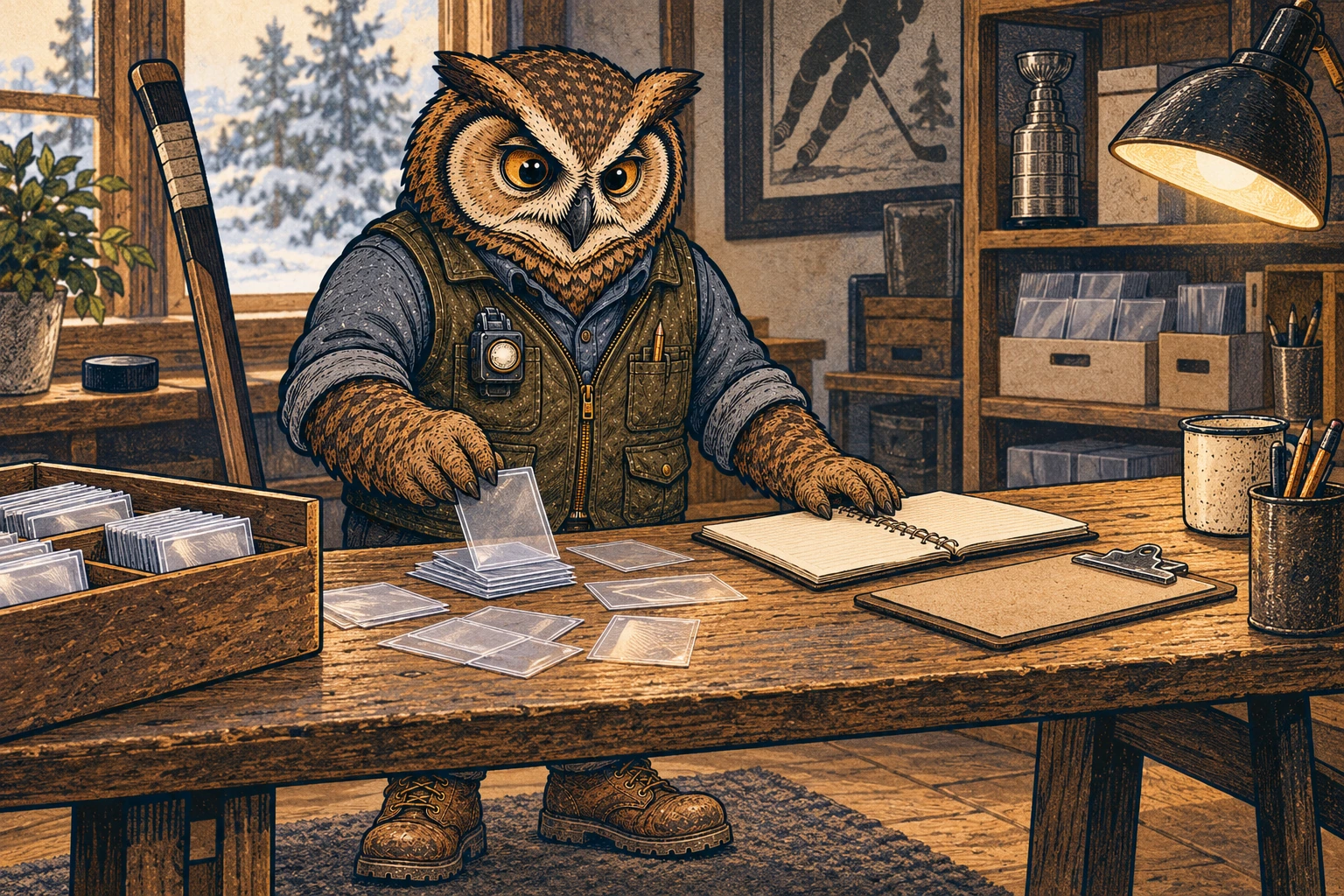 An illustrated owl in an olive vest sorts blank card sleeves at a wooden workbench beside an open, text-free notebook. A hockey stick stands by a snowy window.