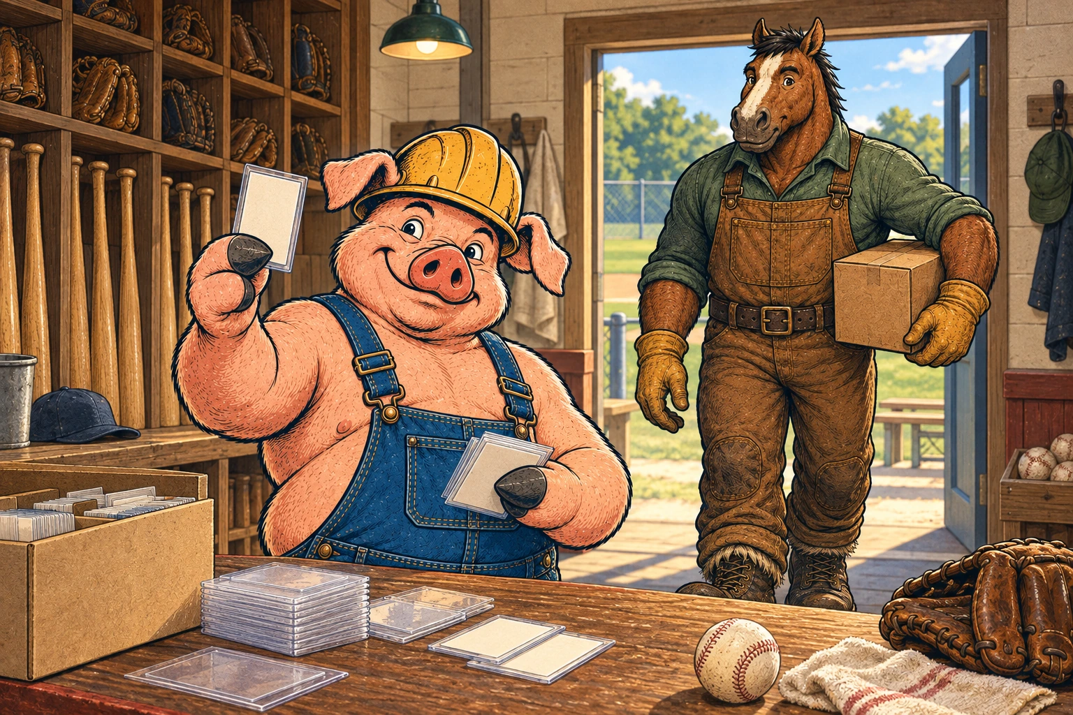 Hammy presents a card while Clyde brings a case into a sunlit baseball clubhouse equipment room.
