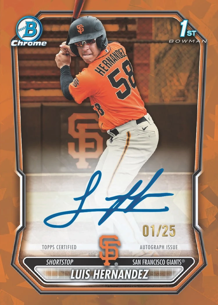 Luis Hernandez 1st Bowman orange Sapphire autograph preview numbered 01/25.