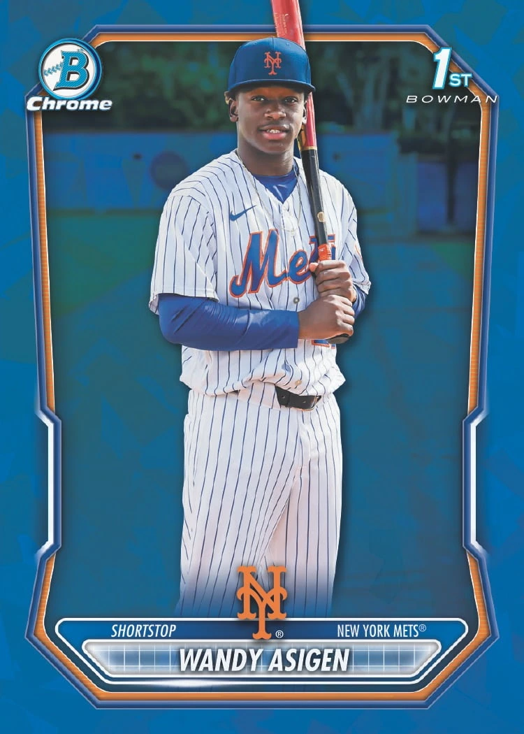 Wandy Asigen 1st Bowman Chrome prospect card with the blue Sapphire finish, official 2026 release preview.