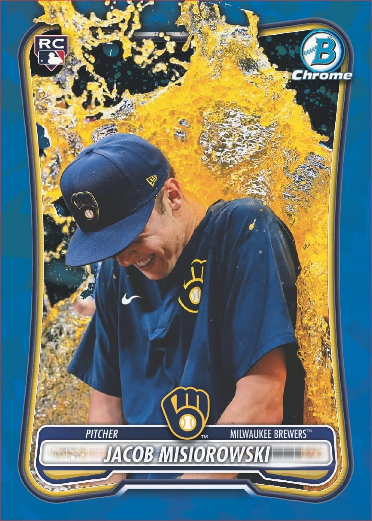 Jacob Misiorowski rookie image variation with a celebratory yellow splash behind him.