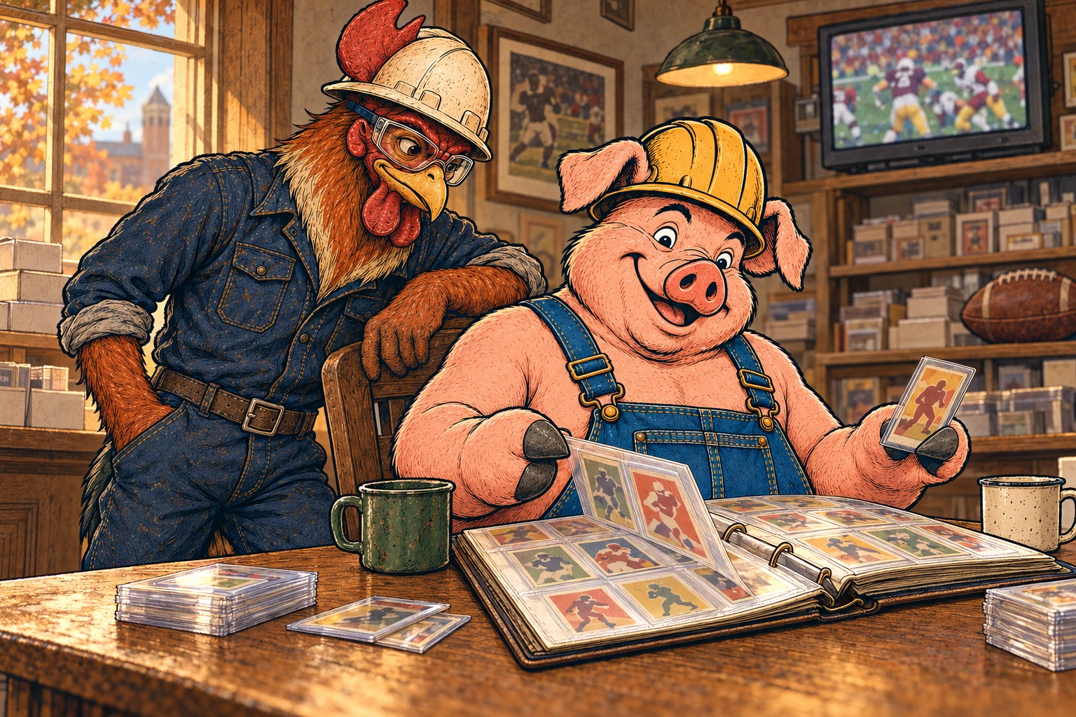 Hammy turns a football-card album page while Riggs leans beside his chair, with a college football game on the card-shop television.