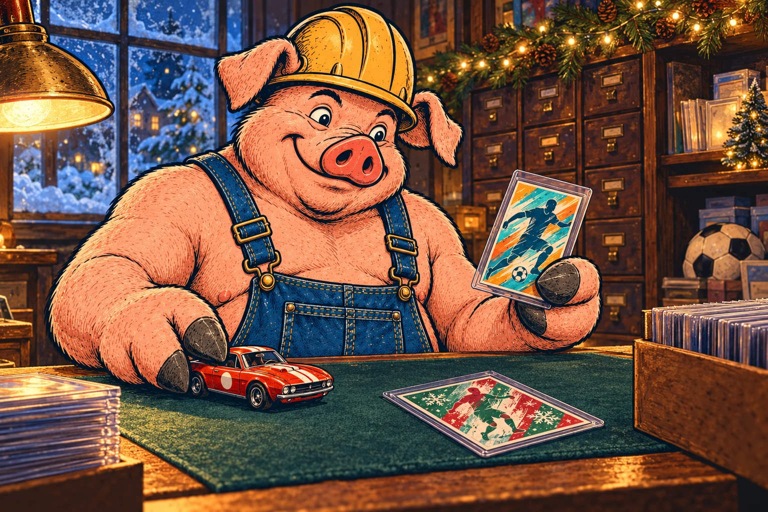 Hammy compares a colorful sleeved football card with a small red toy racing car at the shop counter, with warm holiday lights behind him.