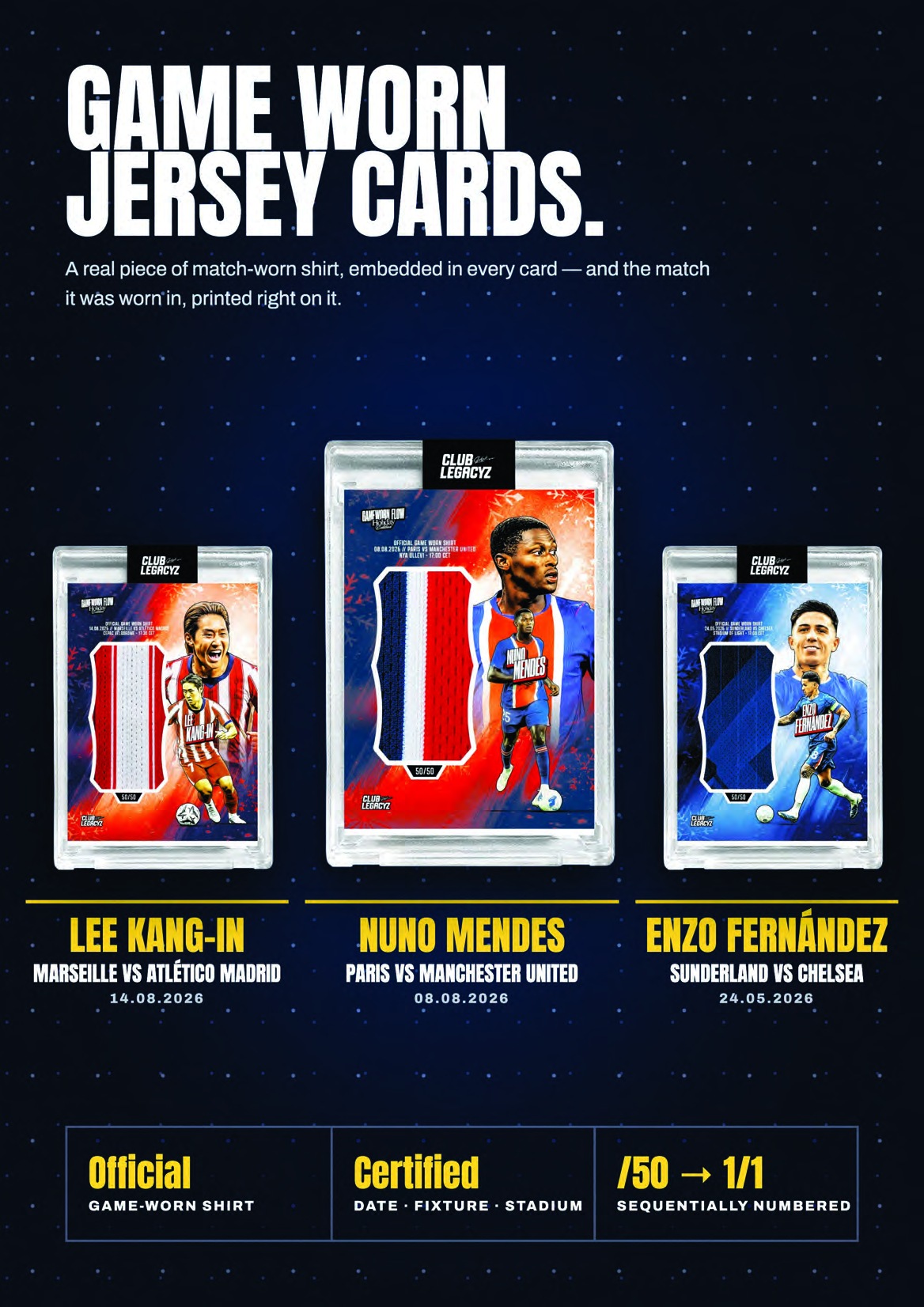 Club Legacyz Game Worn Jersey previews of Lee Kang-in, Nuno Mendes and Enzo Fernández, with large fabric windows and printed match information.