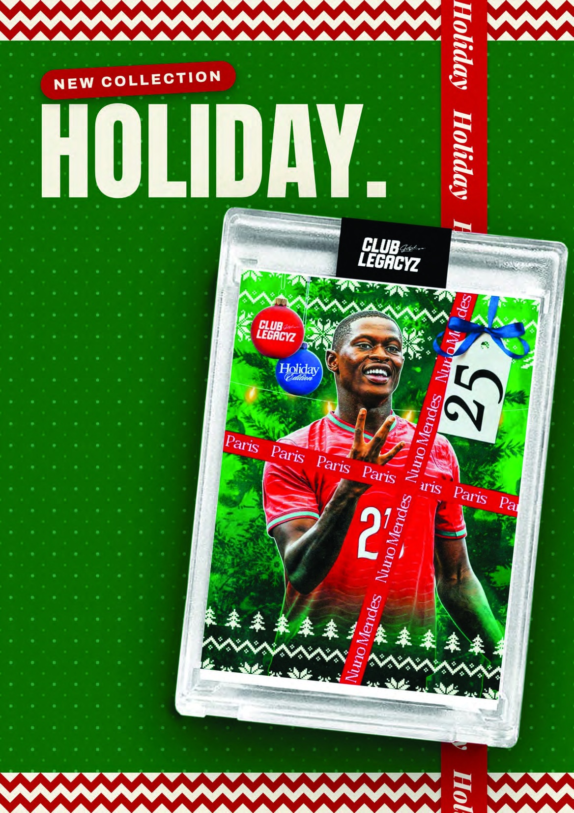 Nuno Mendes on Club Legacyz’s Holiday preview, surrounded by green decorations, white sweater-style patterns and red gift ribbon.