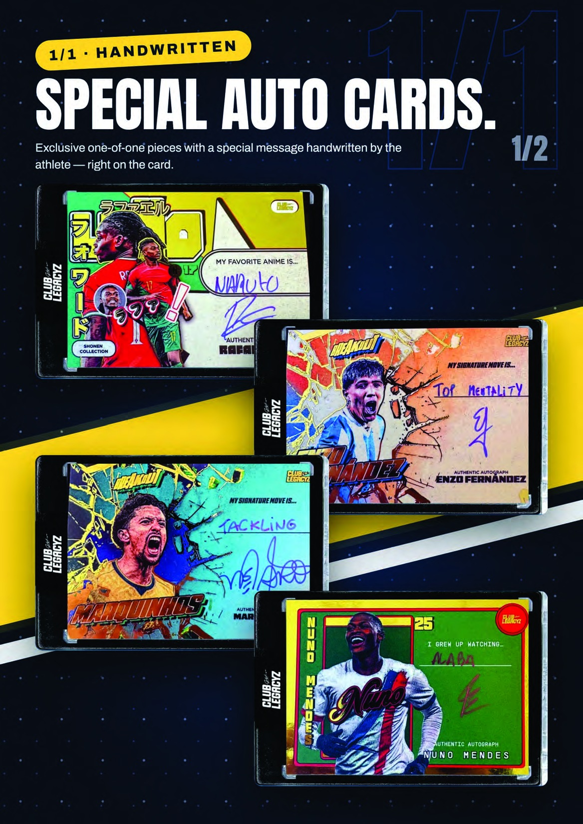 Club Legacyz Special Auto previews pair signatures with handwritten answers on Rafael Leão, Enzo Fernández, Marquinhos and Nuno Mendes cards.