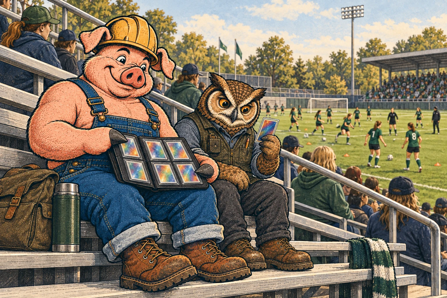 Hammy and Lemmy look at football cards beside a women’s match.