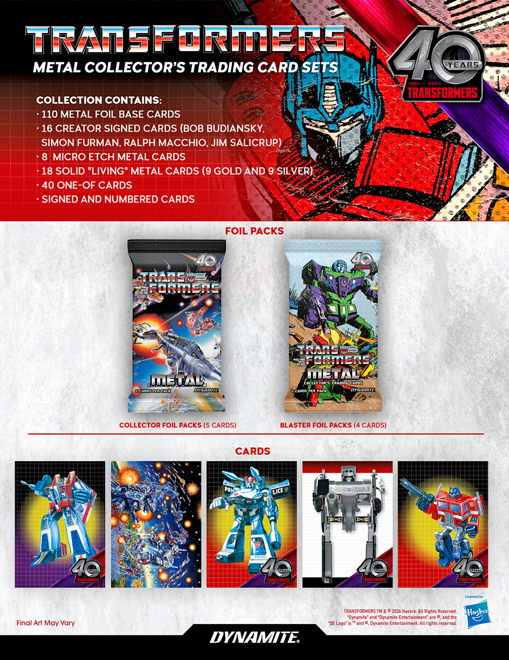 Dynamite Transformers Metal Blaster promotional image with Optimus Prime and Starscream card previews