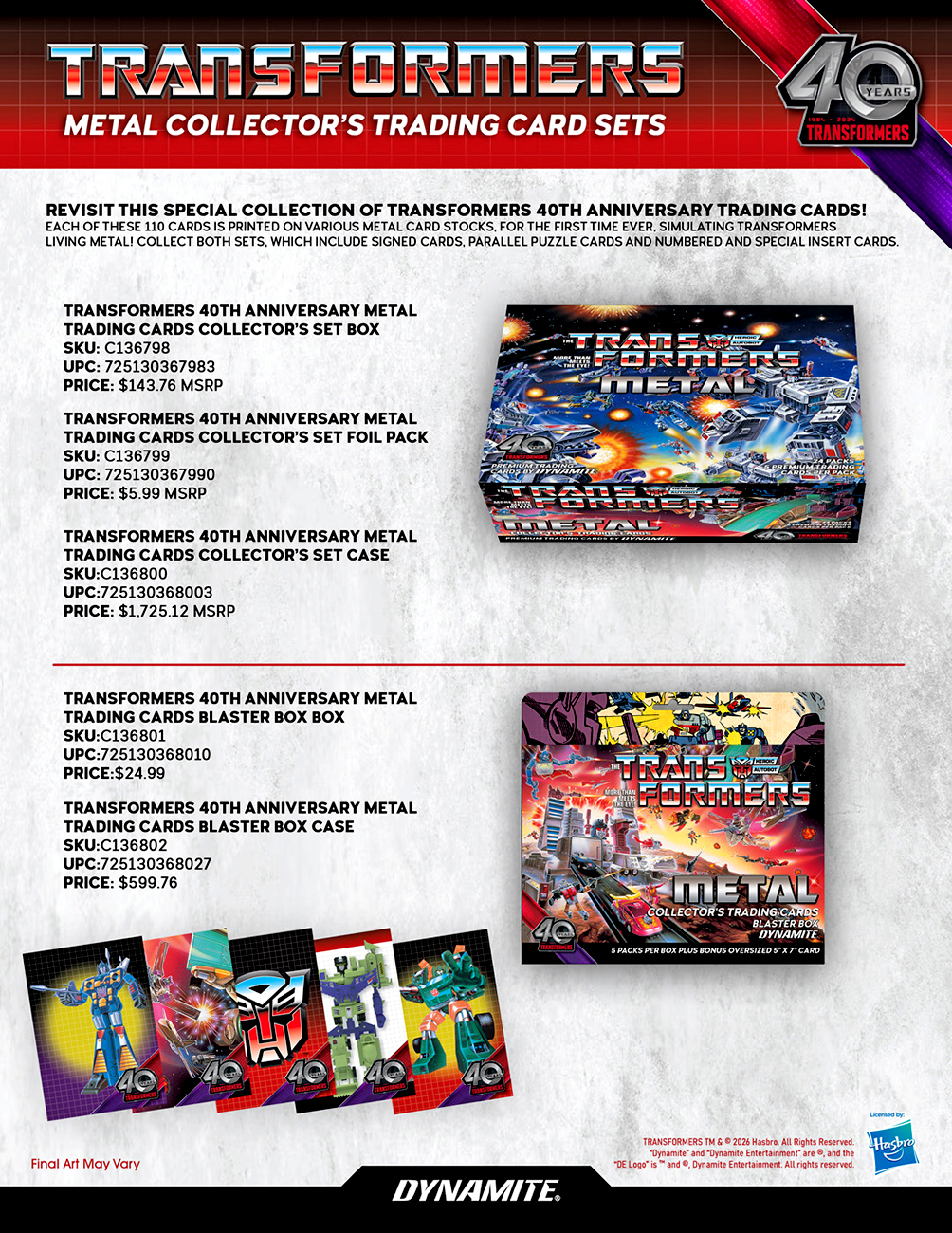 Dynamite Transformers Metal manufacturer sell sheet showing the foil packs, card designs and insert counts