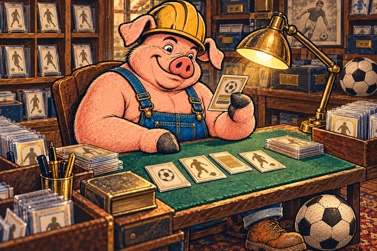 Hammy seated at a green felt workbench, inspecting the back of a football trading card under a desk lamp.