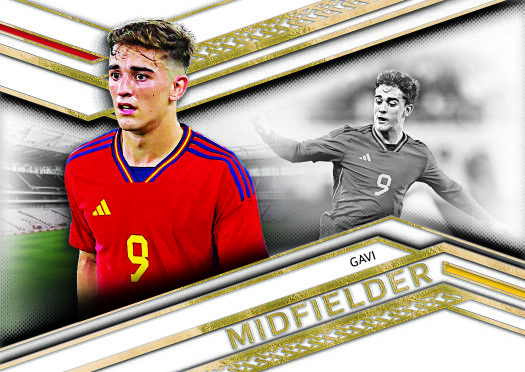 Gavi horizontal base-card preview showing a color portrait on the left and monochrome action photograph on the right.