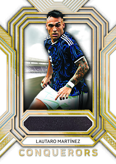 Lautaro Martínez Conquerors preview with a low horizontal memorabilia window beneath his action photograph.