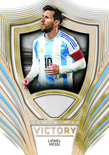 Lionel Messi Victory design with a shield-shaped photographic frame and triangular memorabilia window.