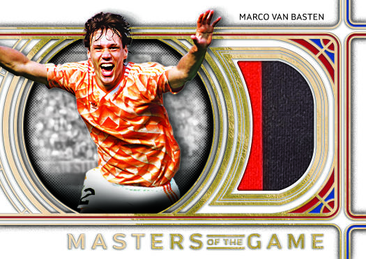Marco van Basten Masters of the Game design with an orange-shirted photograph and curved memorabilia window.