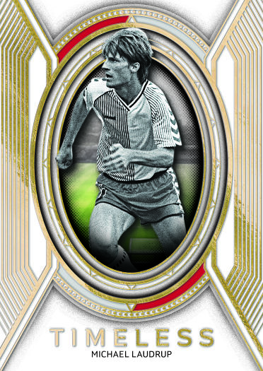 Michael Laudrup Timeless design with a monochrome portrait inside an oval bordered by gold and red.
