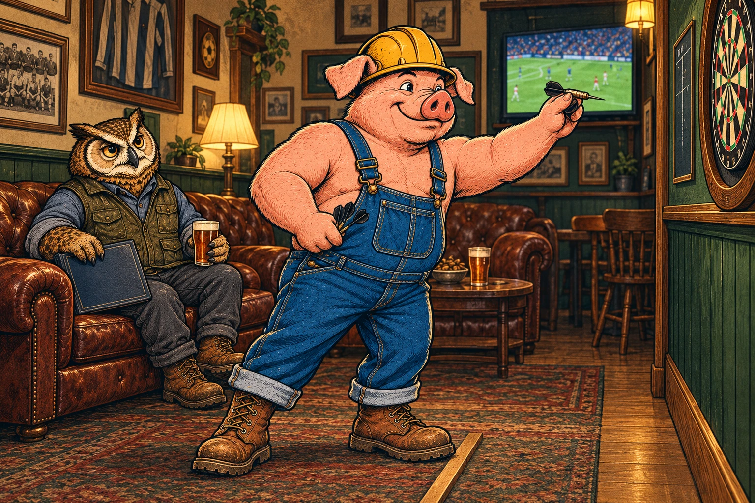 Hammy lines up a dart in a sports-club lounge while Lemmy watches beside a closed card album.