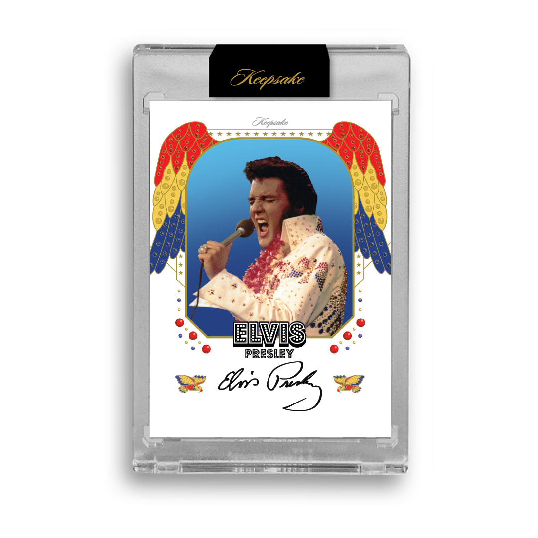 Elvis Presley performing in a white jumpsuit on a Spotlight card preview