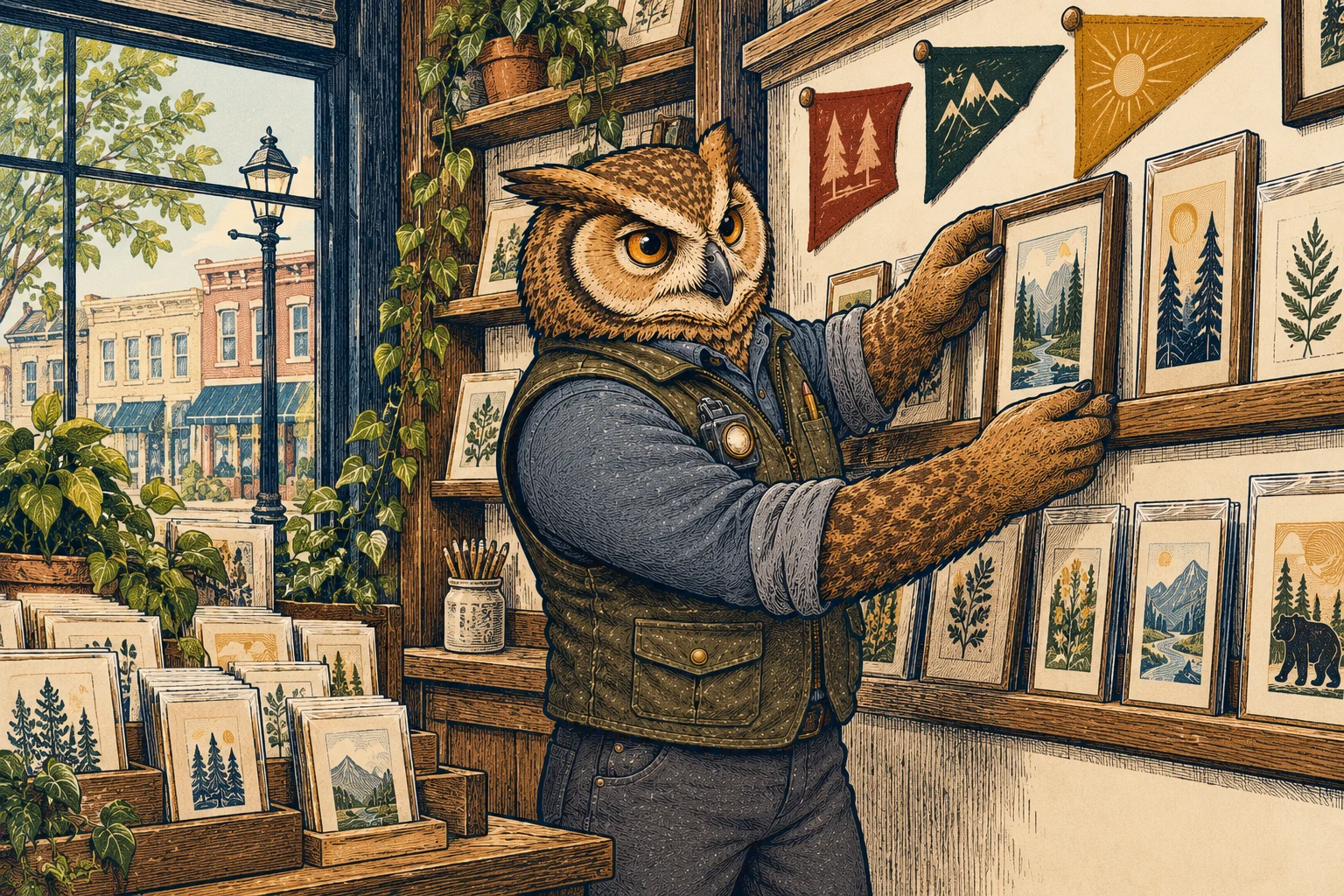 Lemmy straightening a framed display beneath small pennants in the neighborhood card shop.
