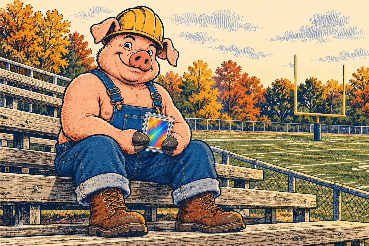 Hammy holding a protected card while sitting on football bleachers beside an autumn field.
