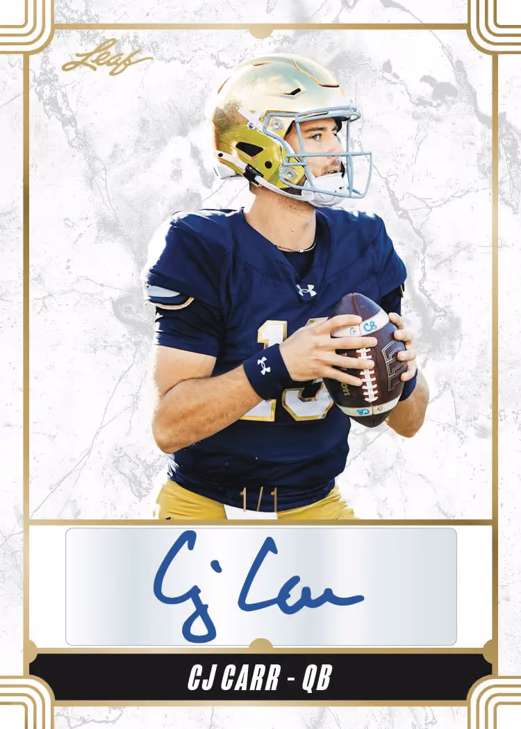CJ Carr quarterback base-autograph preview from 2026 Leaf Football.