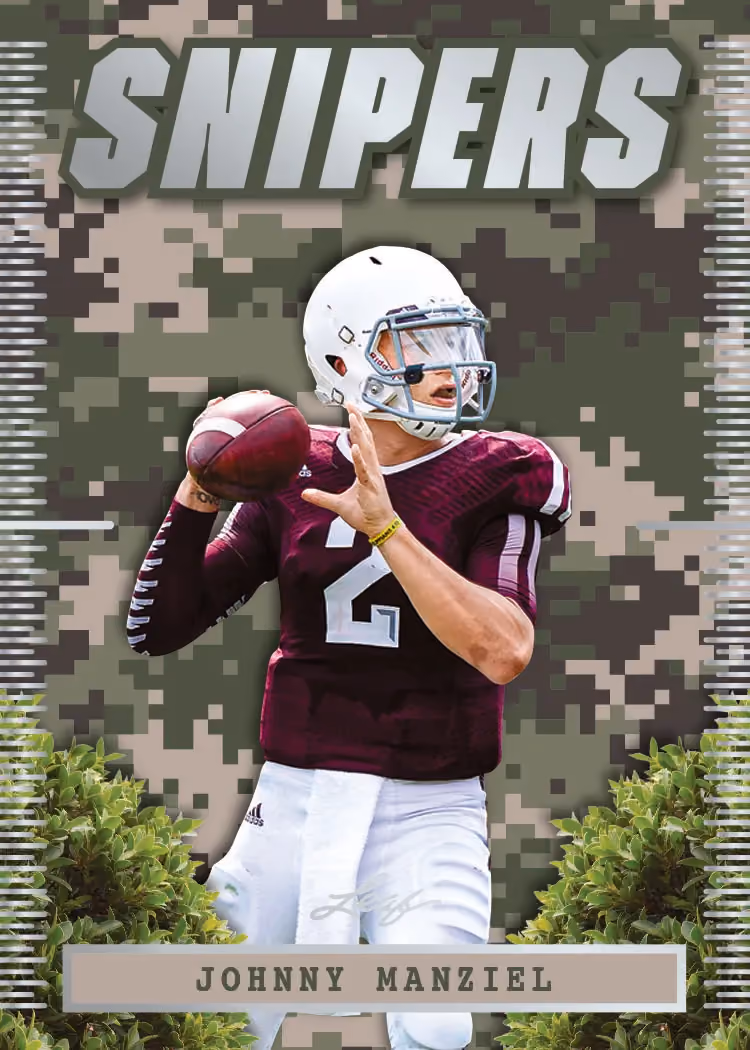 Johnny Manziel Sniper insert preview from 2026 Leaf Football, with a camouflage-patterned frame.