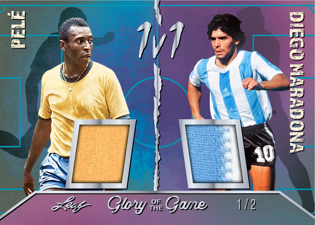 Pelé and Diego Maradona dual-memorabilia preview from 2026 Leaf Glory of the Game Soccer, marked 1/2.
