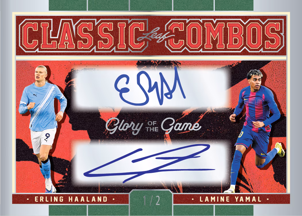 Erling Haaland and Lamine Yamal Classic Combos dual-autograph preview from 2026 Leaf Glory of the Game Soccer, marked 1/2.