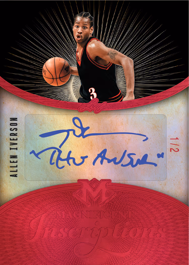Allen Iverson inscription-autograph preview from 2026 Leaf Magnificence Multi-Sport, marked 1/2.